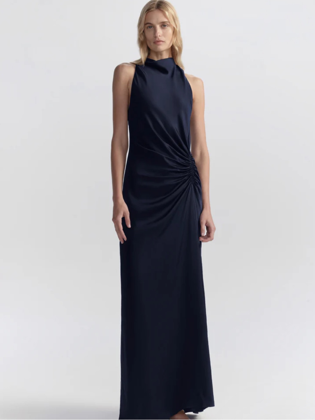 A.L.C Satin Gown In Navy With Side Ruched Detail